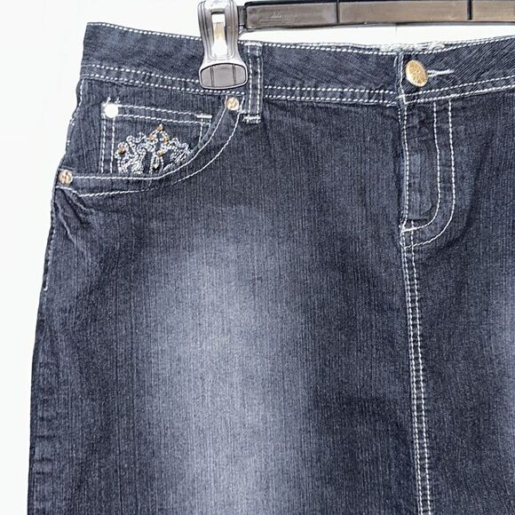 Dark Blue 16 Wash Embroidered Studded Stretch Denim Pencil Skirt - Picture 3 of 8